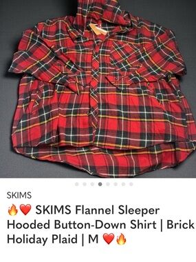SKIMS Brick Plaid Hooded Flannel Shirt - Red & Green